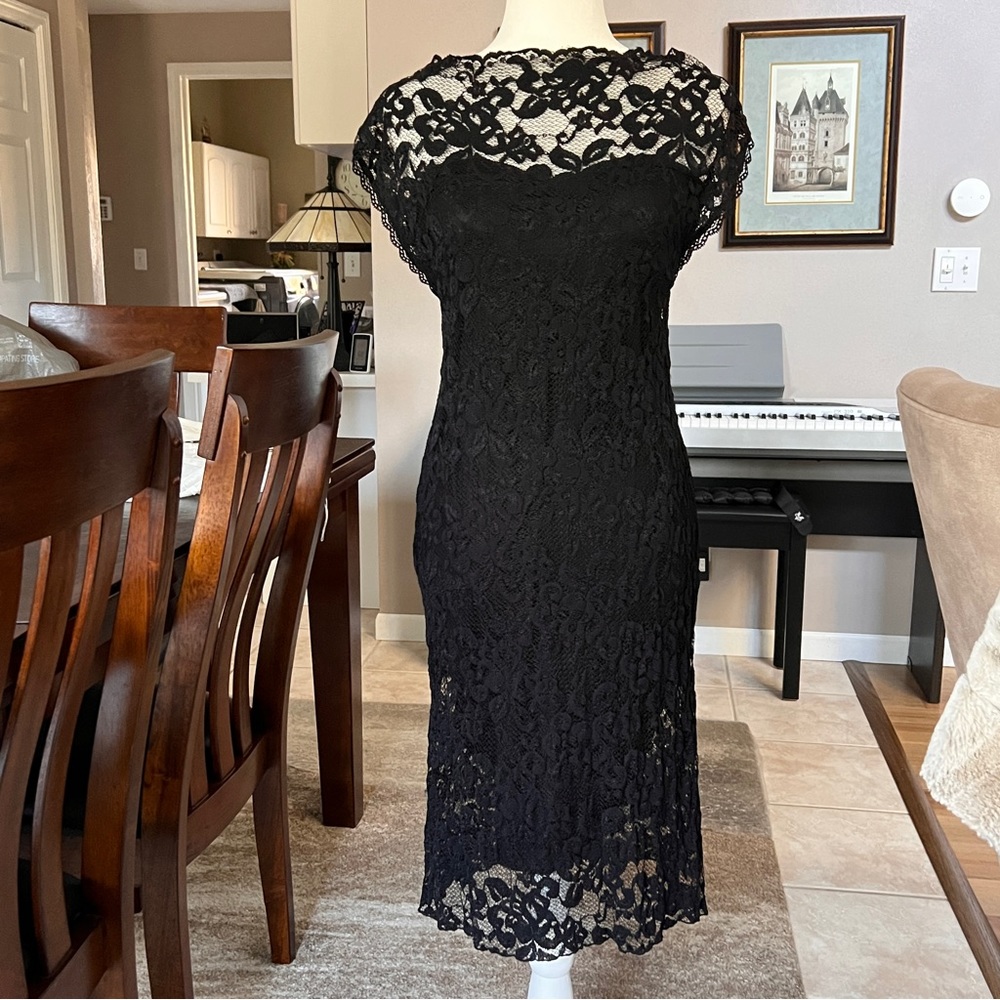 Ann Ferriday Black Lace Midi Dress  - Size 8